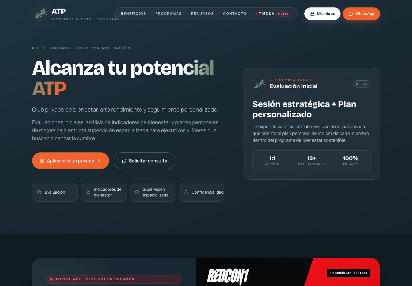 Portada de ATP, club privado de bienestar, con el titular Alcanza tu potencial y la tarjeta de evaluación inicial.