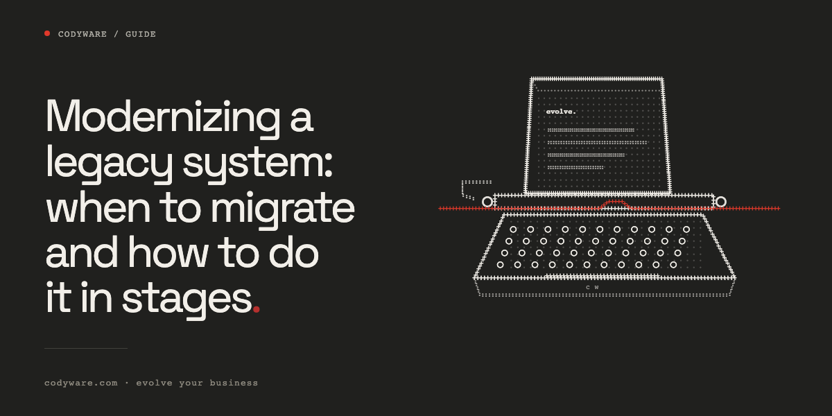 Illustration made of characters: Guide. Modernizing a legacy system: when to migrate and how to do it in stages