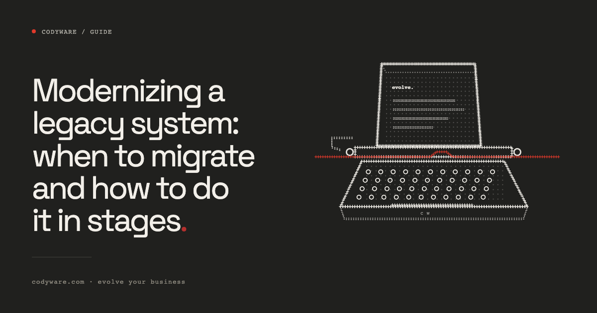 Illustration made of characters: Guide. Modernizing a legacy system: when to migrate and how to do it in stages