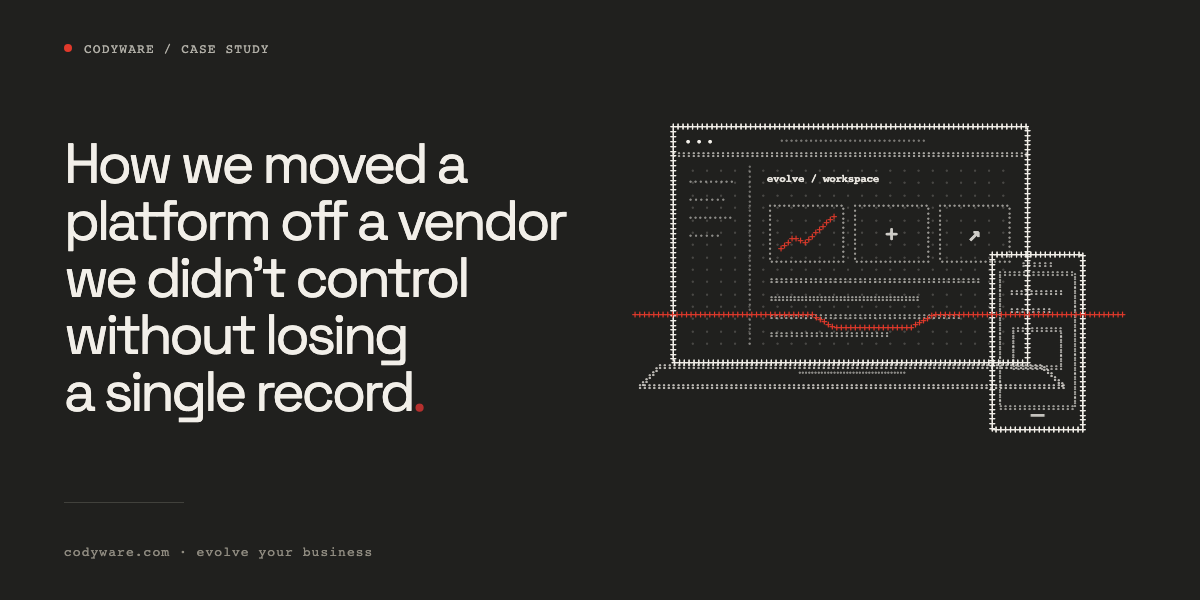 Illustration made of characters: Case study. How we moved a platform off a vendor we didn't control without losing a single record