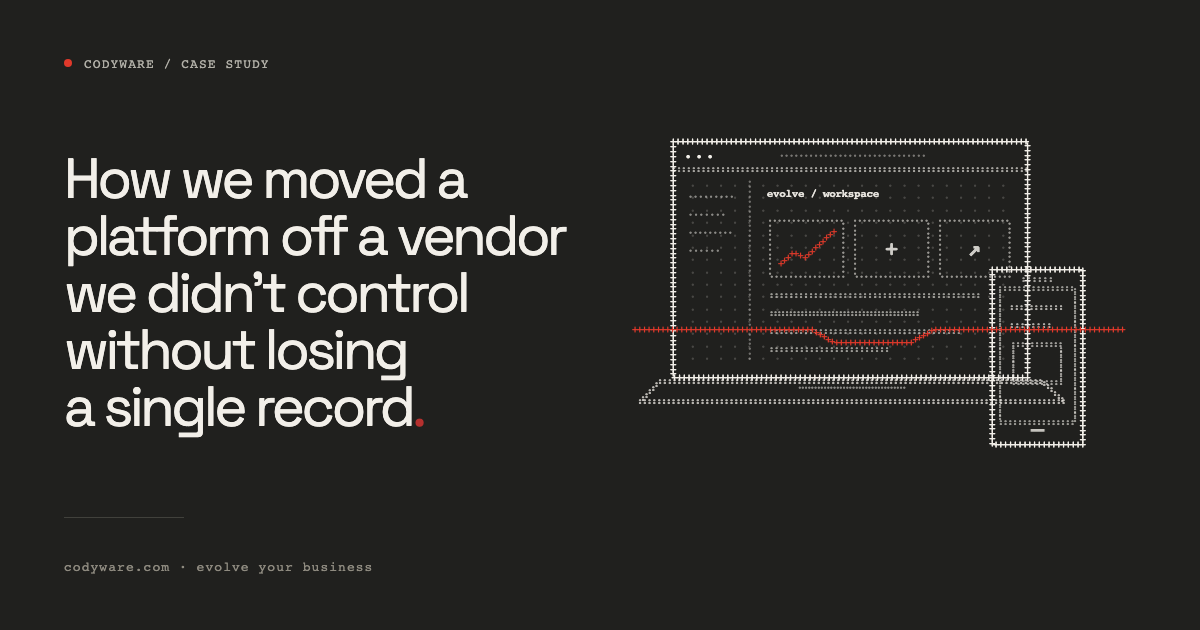 Illustration made of characters: Case study. How we moved a platform off a vendor we didn't control without losing a single record