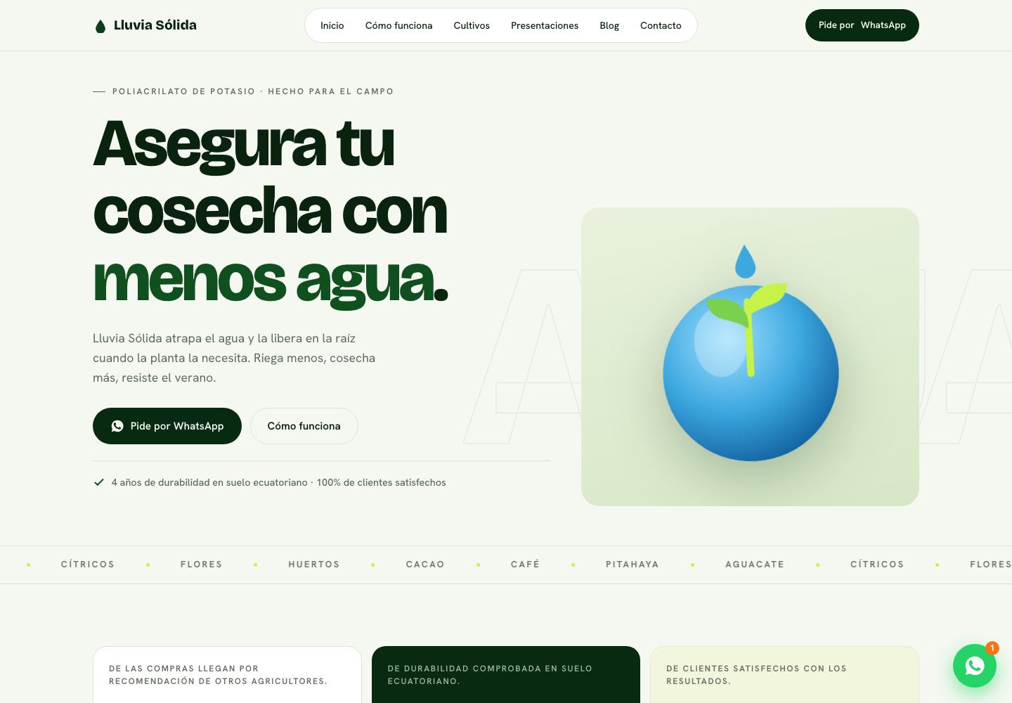 Portada de Lluvia Sólida con el titular Asegura tu cosecha con menos agua., la ilustración de una gota sobre un brote y el botón Pide por WhatsApp.