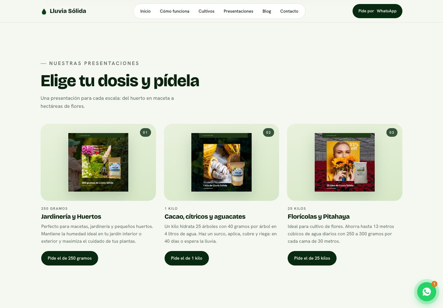 Sección Elige tu dosis y pídela de Lluvia Sólida, con las presentaciones de 250 gramos, 1 kilo y 25 kilos y un botón de pedido para cada una.
