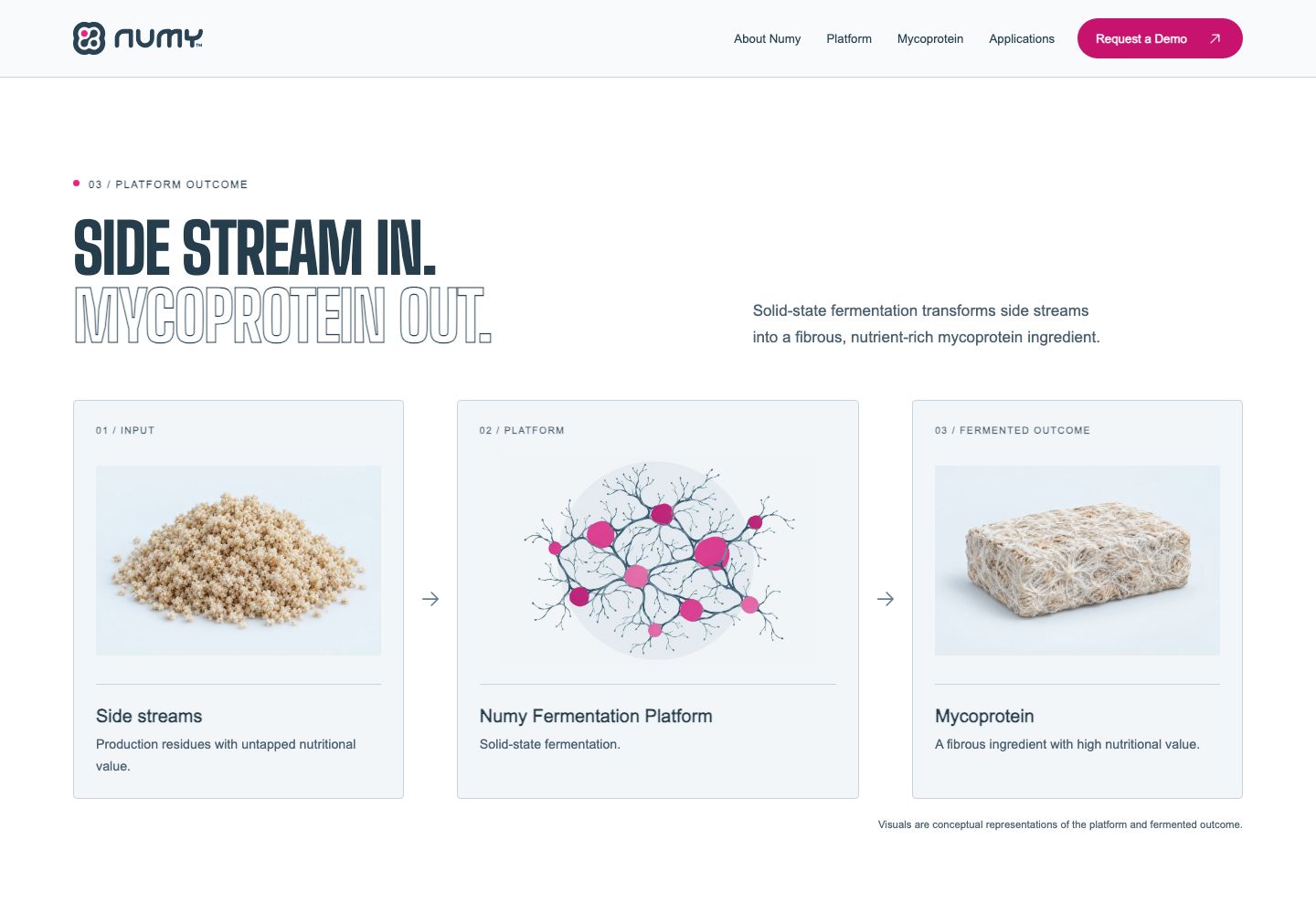 Sección de plataforma de Numy con el titular Side stream in. Mycoprotein out. y tres tarjetas: subproductos, plataforma de fermentación y micoproteína.