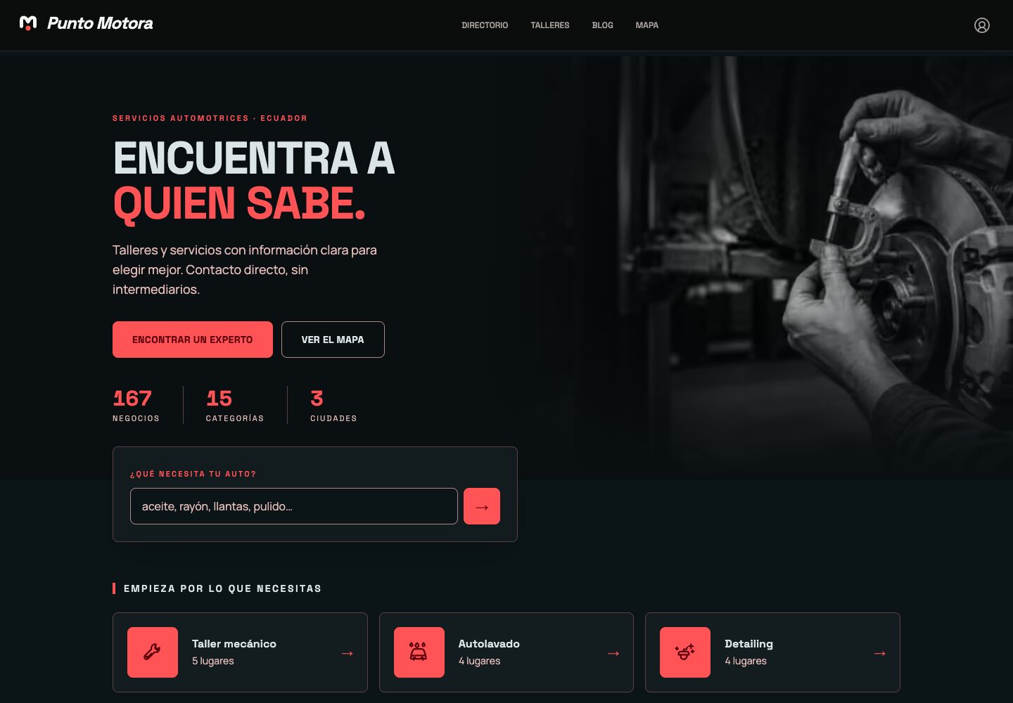 Portada de Punto Motora con el titular Encuentra a quien sabe, buscador de servicios y accesos por categoría.